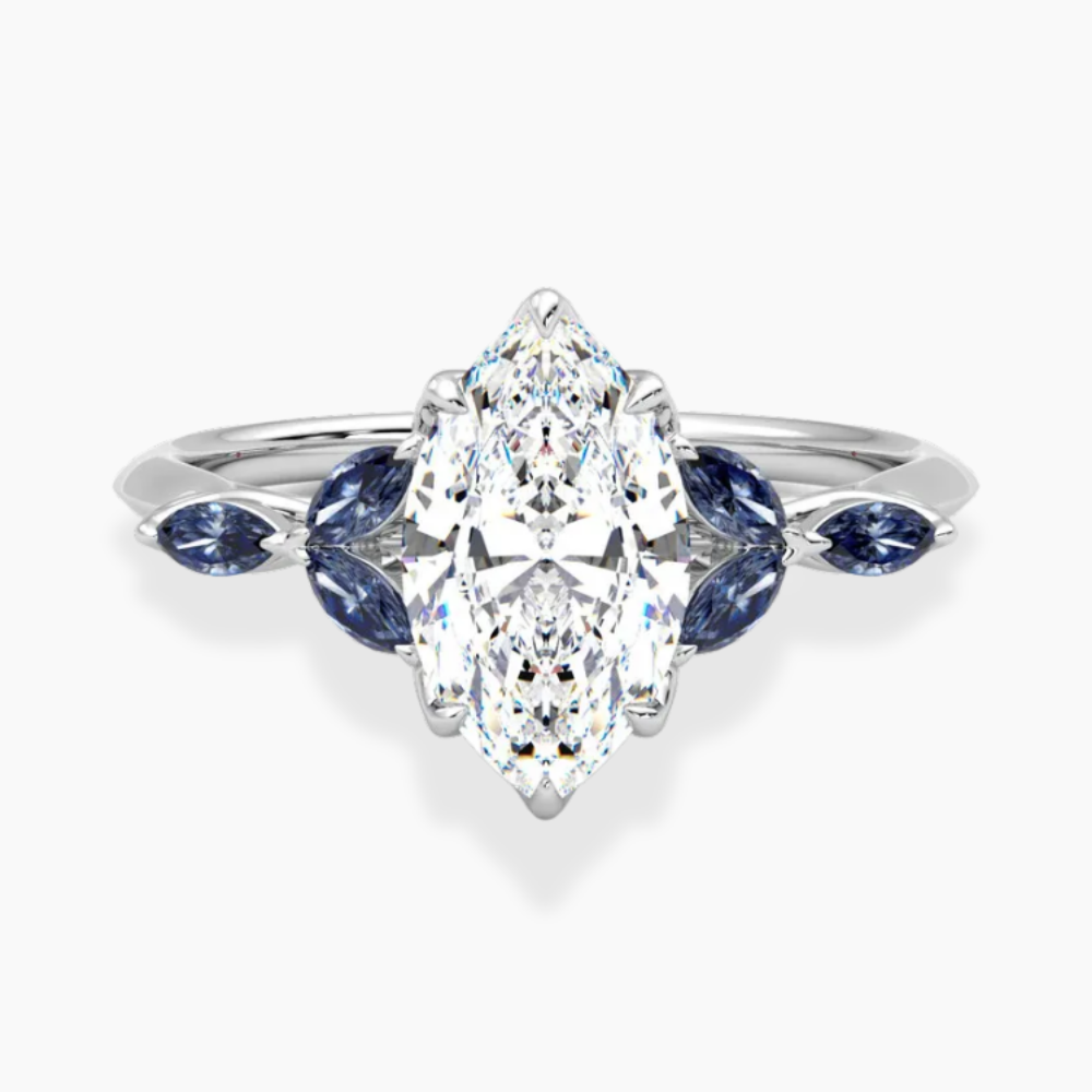 Lima Accents (Blue Marquise Sides) Marquise Lab Grown Diamond Engagement Ring in 18K Gold