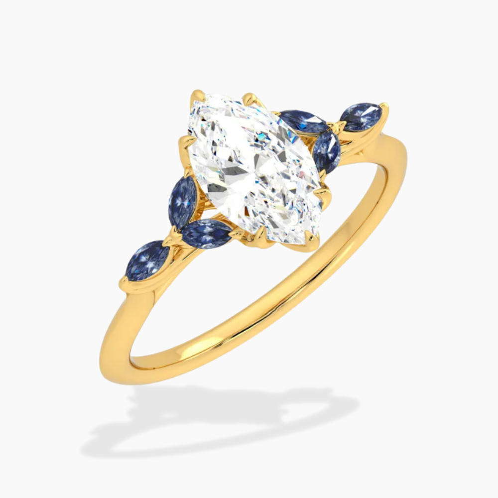 Lima Accents (Blue Marquise Sides) Marquise Lab Grown Diamond Engagement Ring in 18K Gold