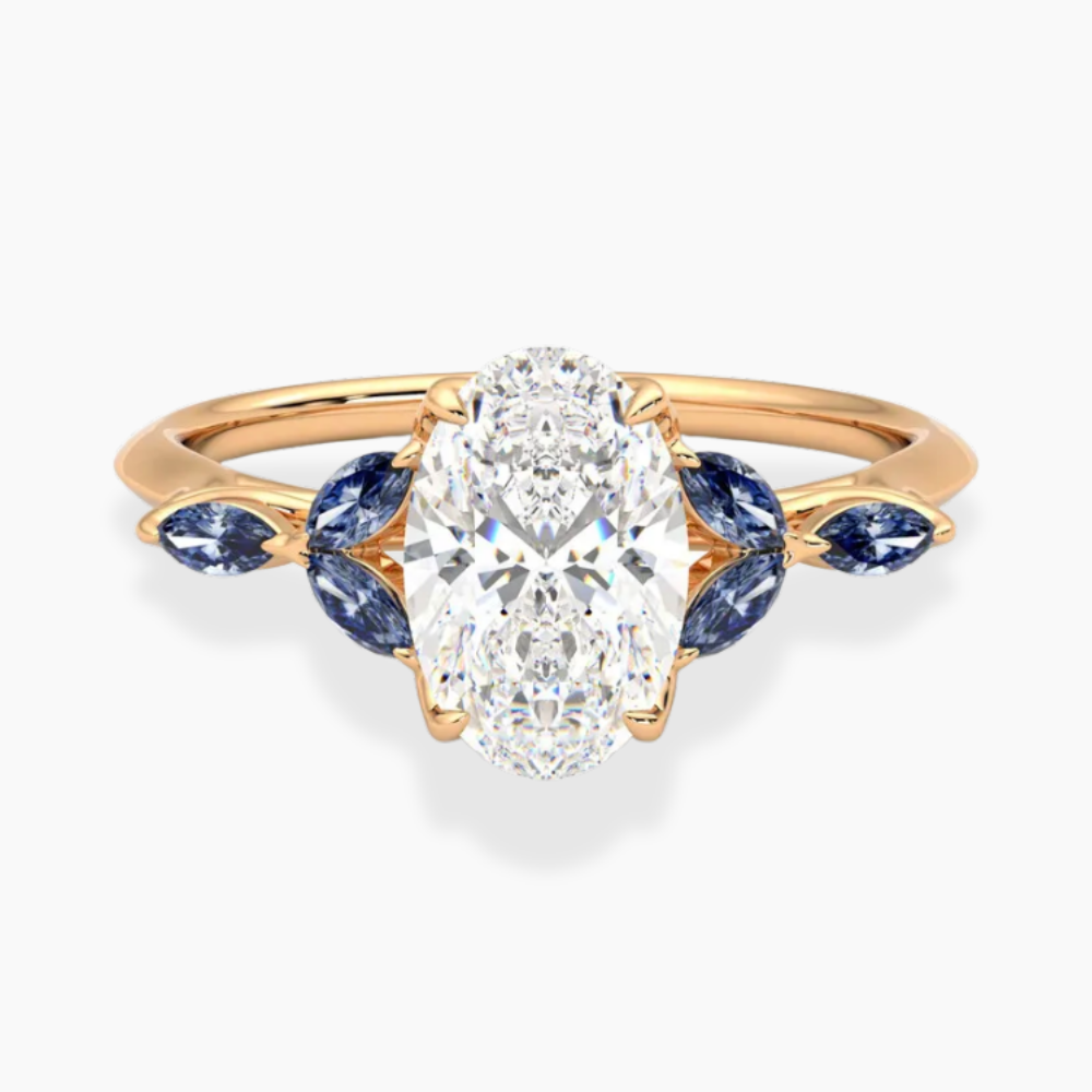 Lima Accents (Blue Marquise Sides) Oval Lab Grown Diamond Engagement Ring in 18K Gold