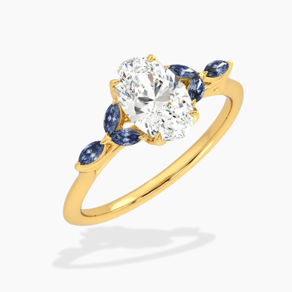 Lima Accents (Blue Marquise Sides) Oval Lab Grown Diamond Engagement Ring in 18K Gold