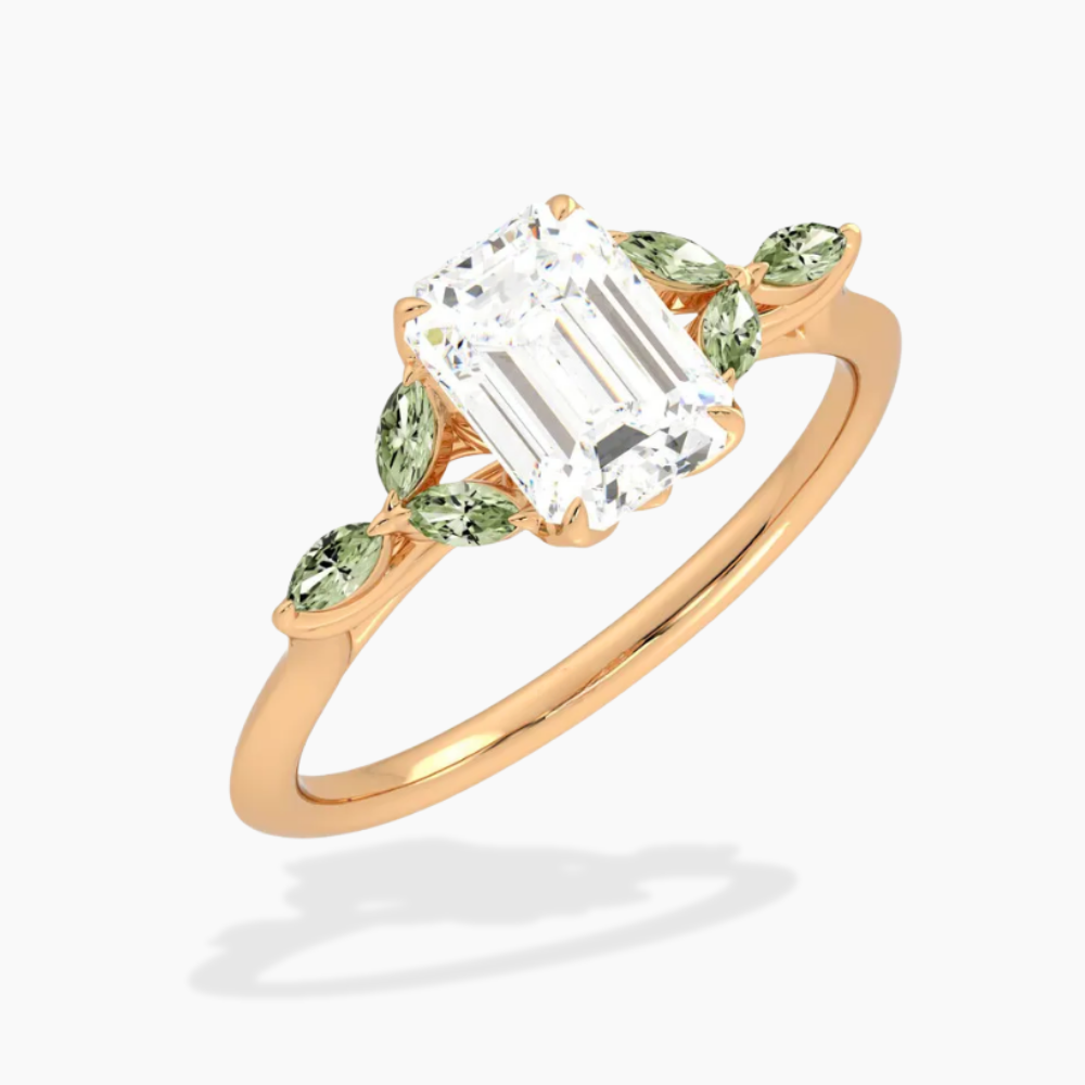 Lima Accents (Green Marquise Sides) Emerald Lab Grown Diamond Engagement Ring in 18K Gold