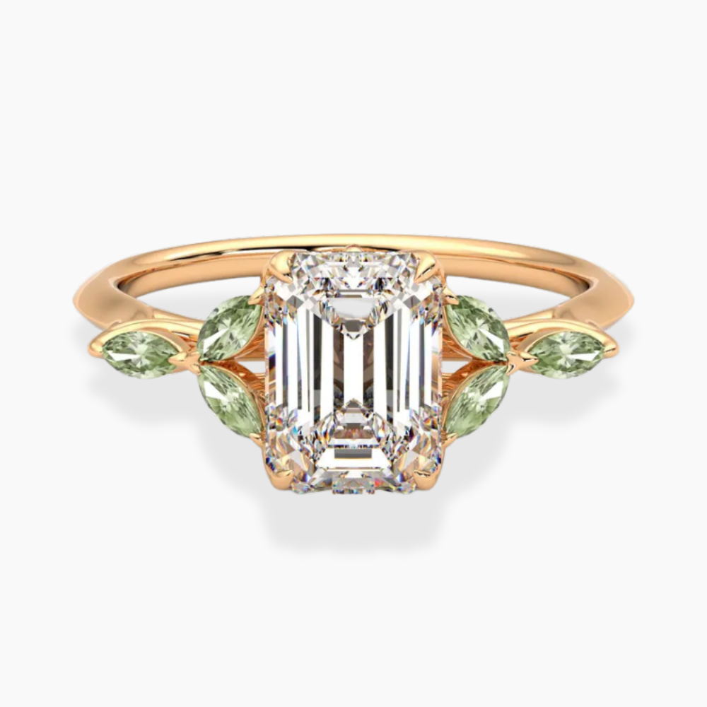 Lima Accents (Green Marquise Sides) Emerald Lab Grown Diamond Engagement Ring in 18K Gold