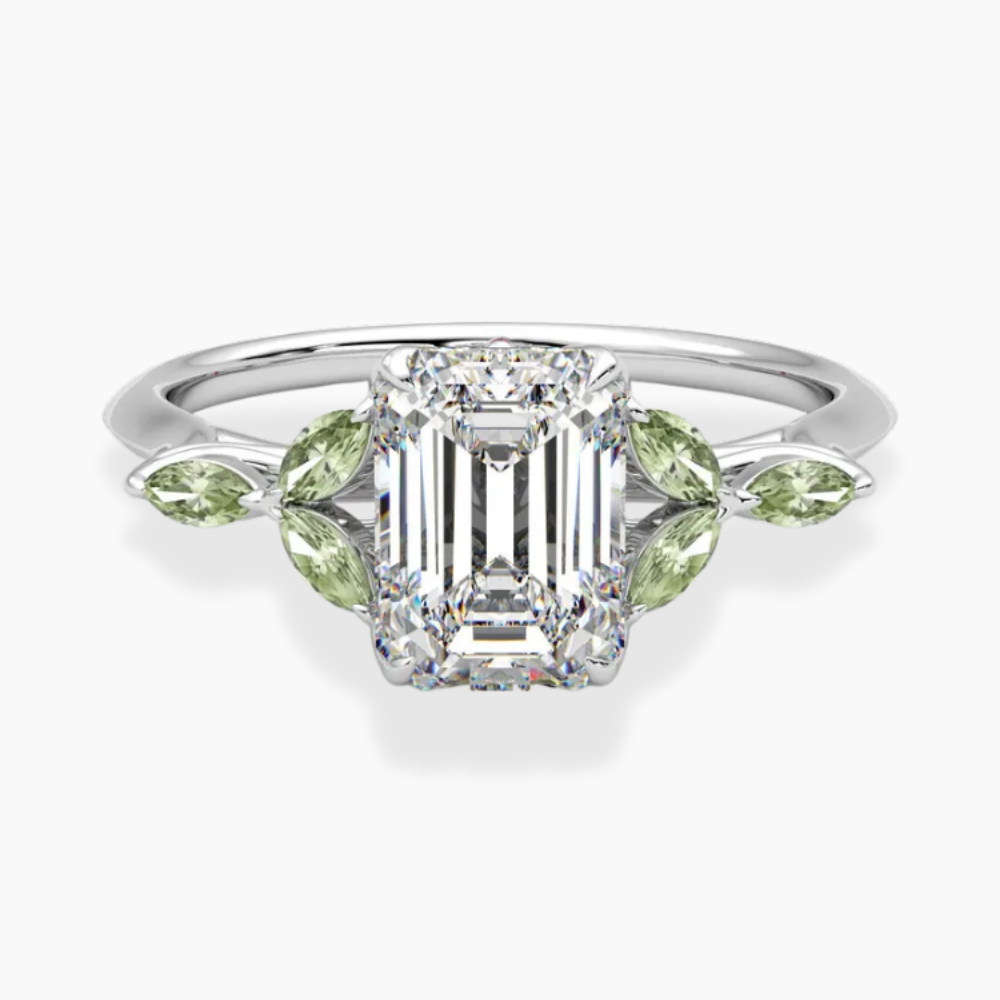 Lima Accents (Green Marquise Sides) Emerald Lab Grown Diamond Engagement Ring in 18K Gold
