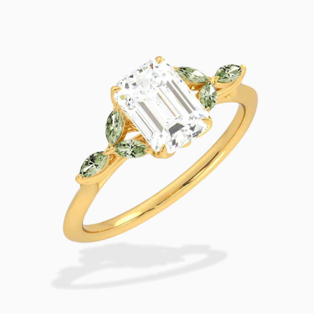 Lima Accents (Green Marquise Sides) Emerald Lab Grown Diamond Engagement Ring in 18K Gold
