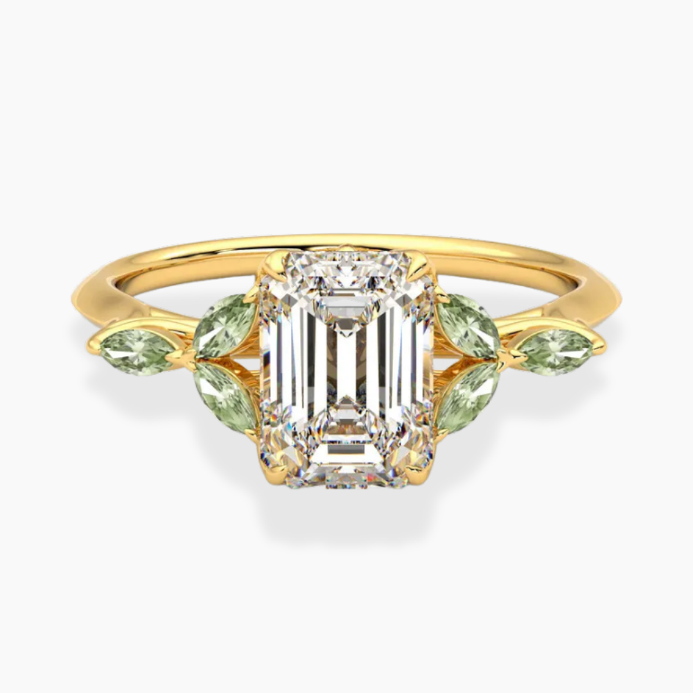 Lima Accents (Green Marquise Sides) Emerald Lab Grown Diamond Engagement Ring in 18K Gold