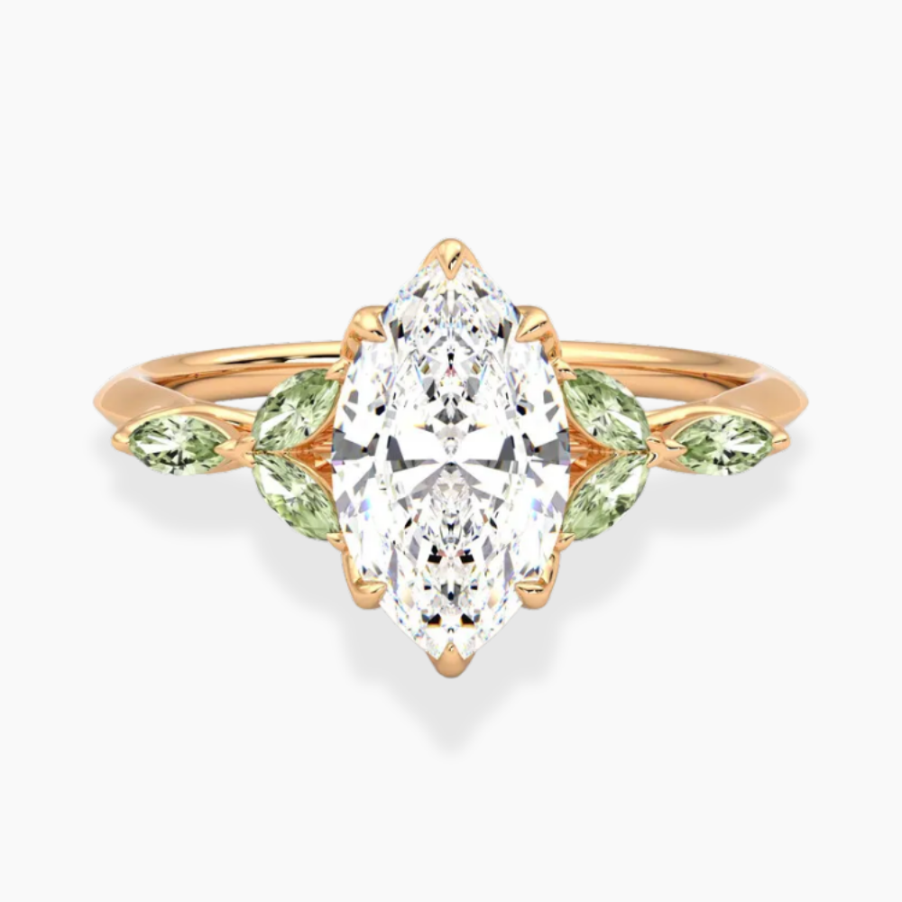 Lima Accents (Green Marquise Sides) Marquise Lab Grown Diamond Engagement Ring in 18K Gold