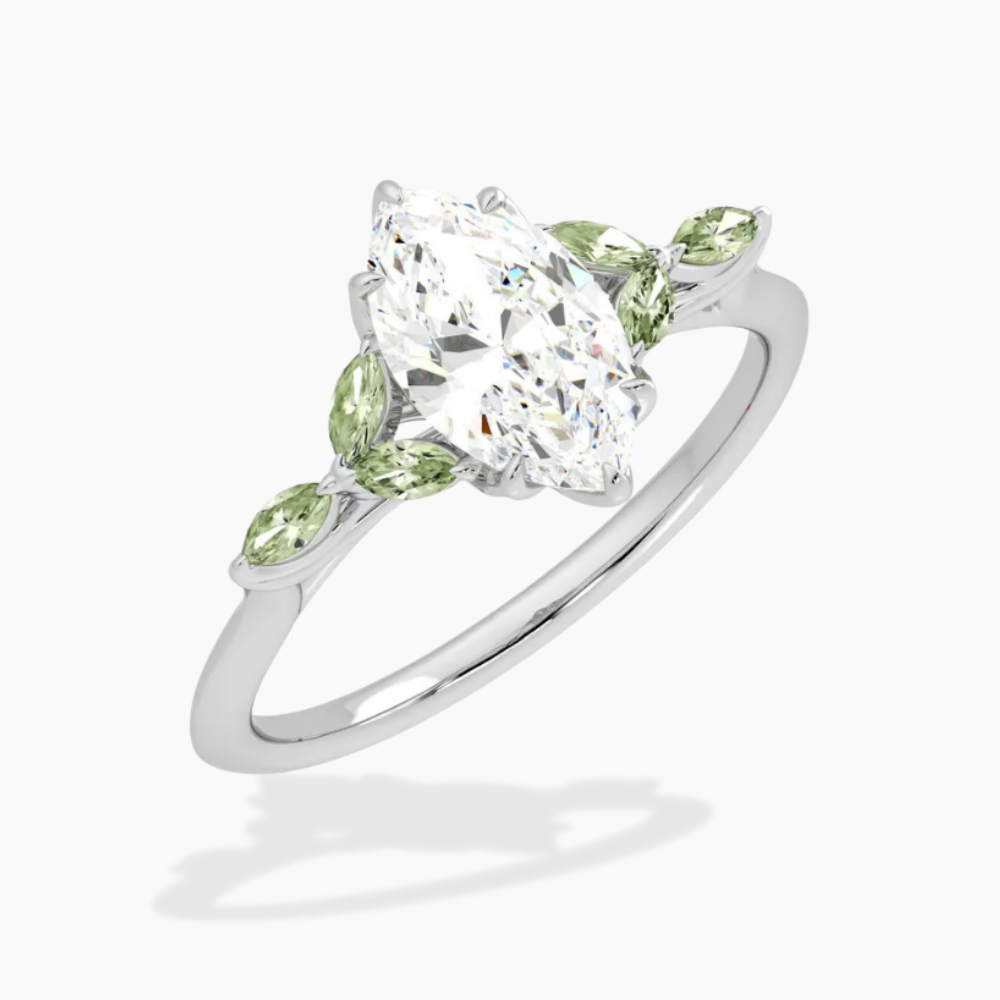 Lima Accents (Green Marquise Sides) Marquise Lab Grown Diamond Engagement Ring in 18K Gold