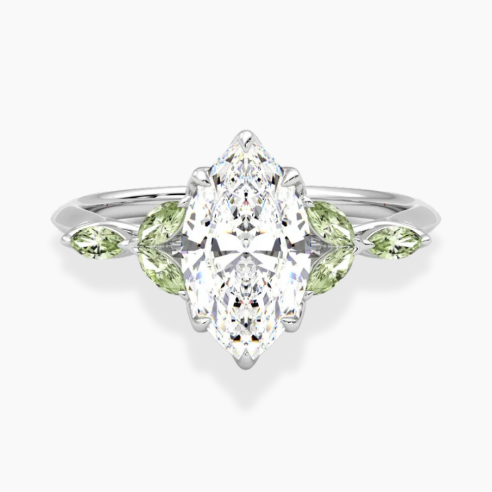 Lima Accents (Green Marquise Sides) Marquise Lab Grown Diamond Engagement Ring in 18K Gold