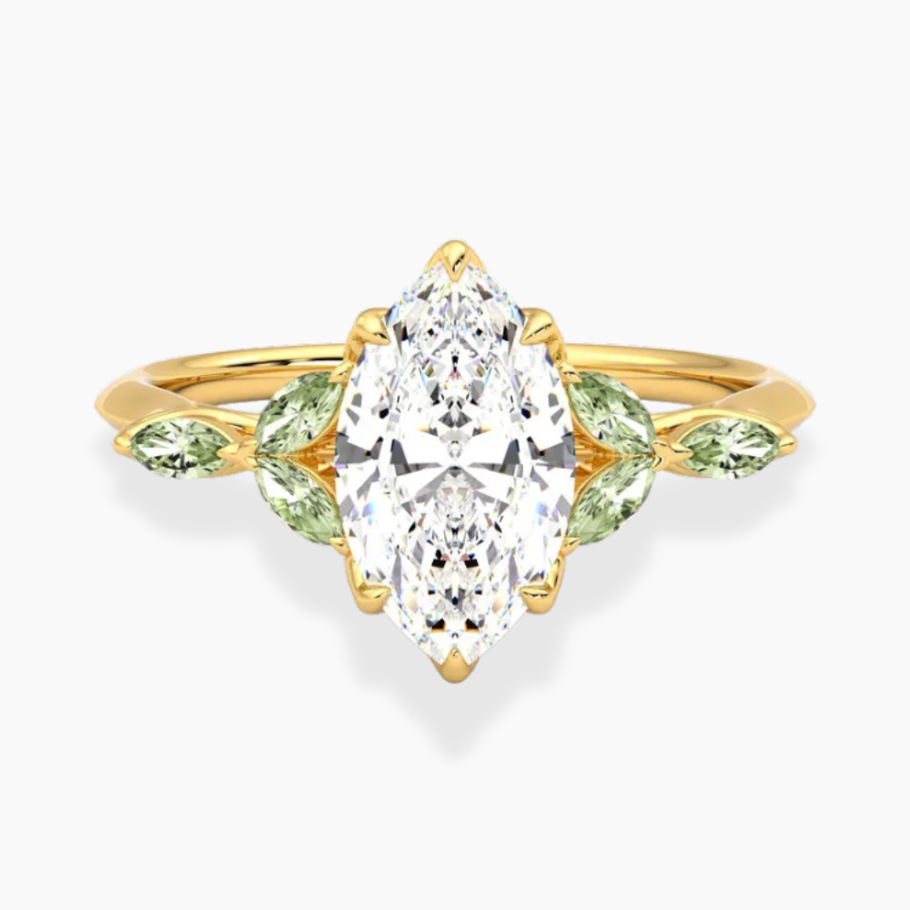 Lima Accents (Green Marquise Sides) Marquise Lab Grown Diamond Engagement Ring in 18K Gold