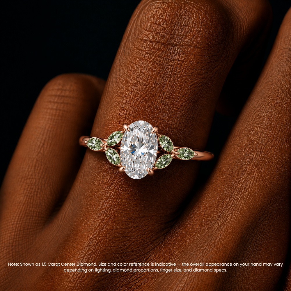 Lima Accents (Green Marquise Sides) Oval Lab Grown Diamond Engagement Ring in 18K Gold