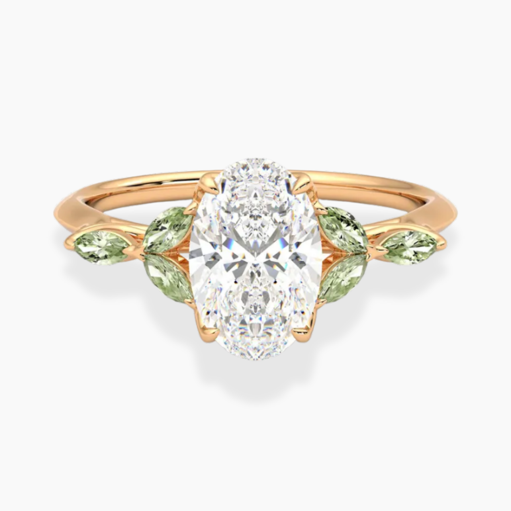 Lima Accents (Green Marquise Sides) Oval Lab Grown Diamond Engagement Ring in 18K Gold