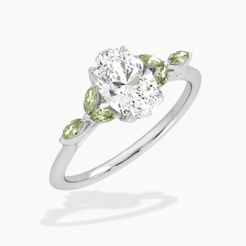 Lima Accents (Green Marquise Sides) Oval Lab Grown Diamond Engagement Ring in 18K Gold