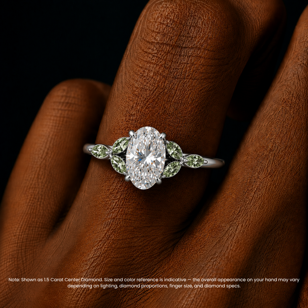 Lima Accents (Green Marquise Sides) Oval Lab Grown Diamond Engagement Ring in 18K Gold