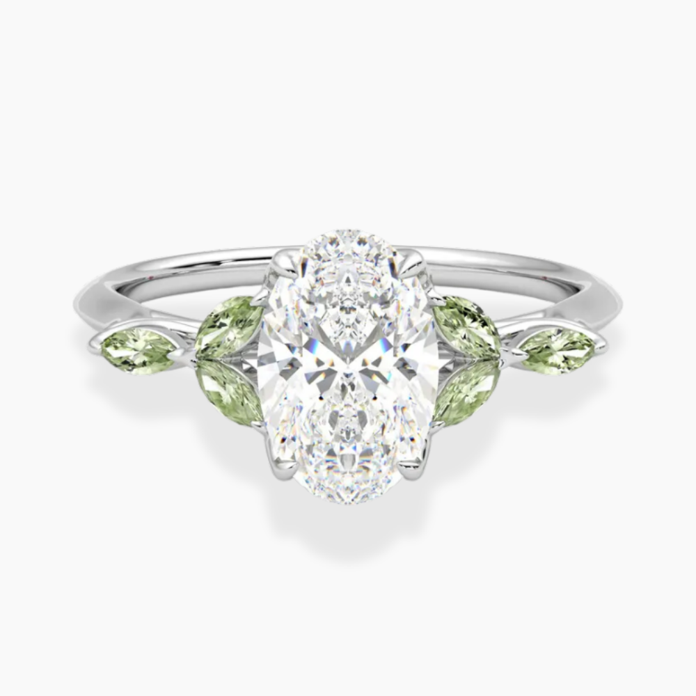 Lima Accents (Green Marquise Sides) Oval Lab Grown Diamond Engagement Ring in 18K Gold