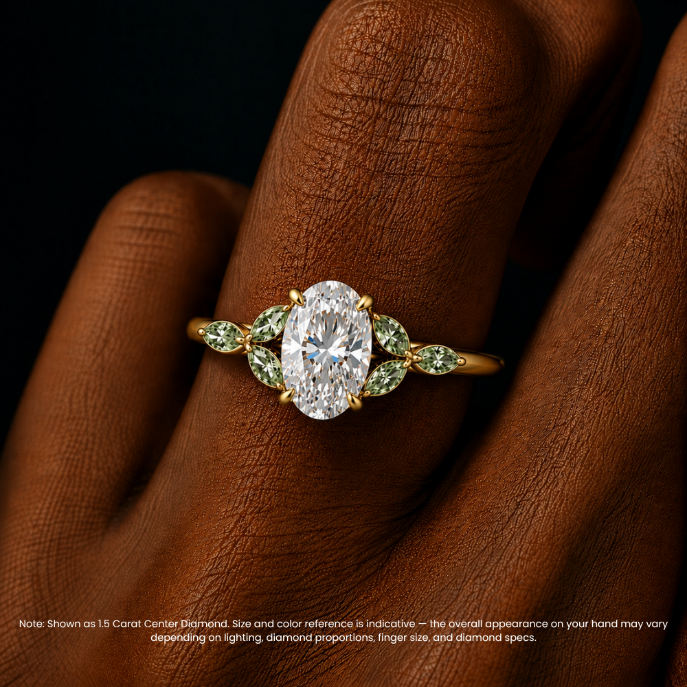 Lima Accents (Green Marquise Sides) Oval Lab Grown Diamond Engagement Ring in 18K Gold