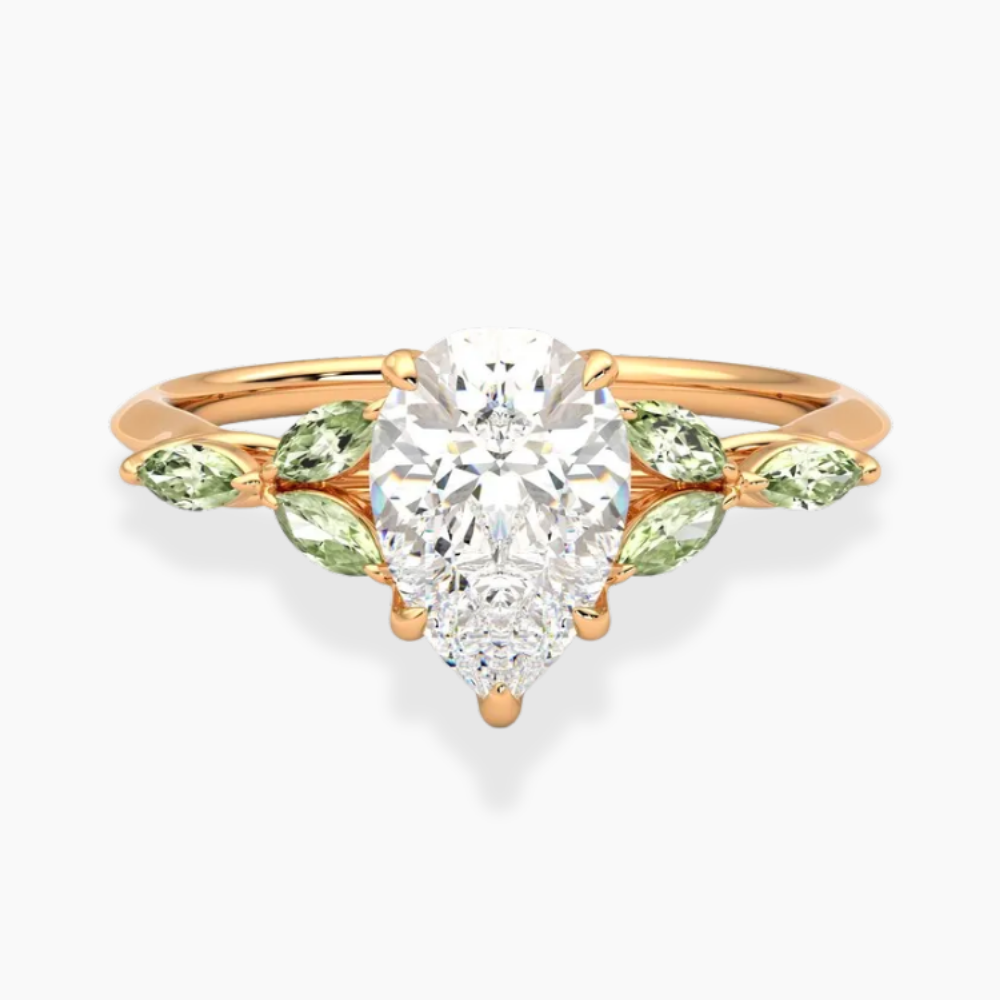 Lima Accents (Green Marquise Sides) Pear Lab Grown Diamond Engagement Ring in 18K Gold
