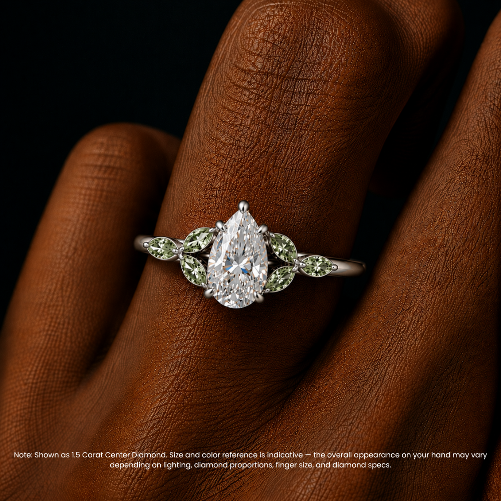 Lima Accents (Green Marquise Sides) Pear Lab Grown Diamond Engagement Ring in 18K Gold