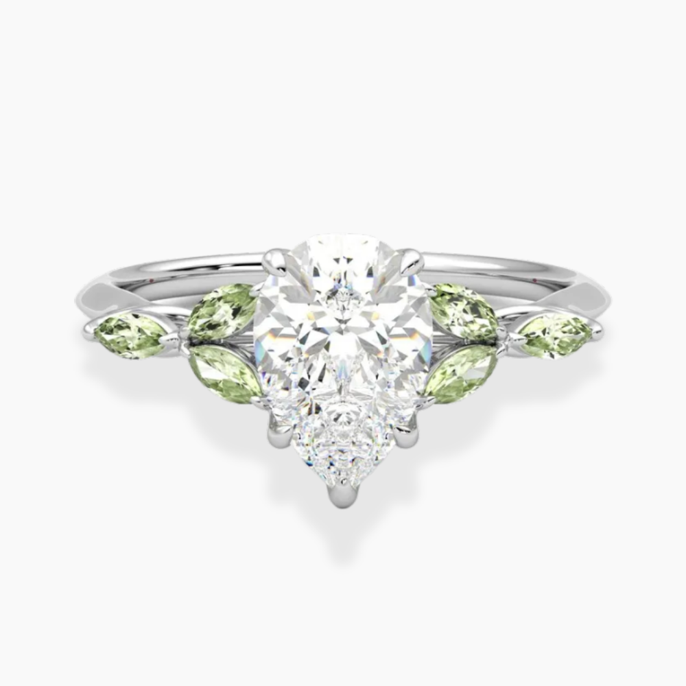 Lima Accents (Green Marquise Sides) Pear Lab Grown Diamond Engagement Ring in 18K Gold