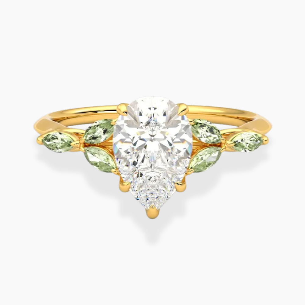 Lima Accents (Green Marquise Sides) Pear Lab Grown Diamond Engagement Ring in 18K Gold