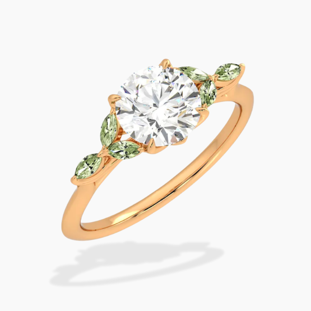 Lima Accents (Green Marquise Sides) Round Lab Grown Diamond Engagement Ring in 18K Gold