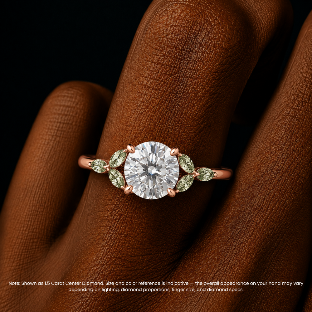 Lima Accents (Green Marquise Sides) Round Lab Grown Diamond Engagement Ring in 18K Gold