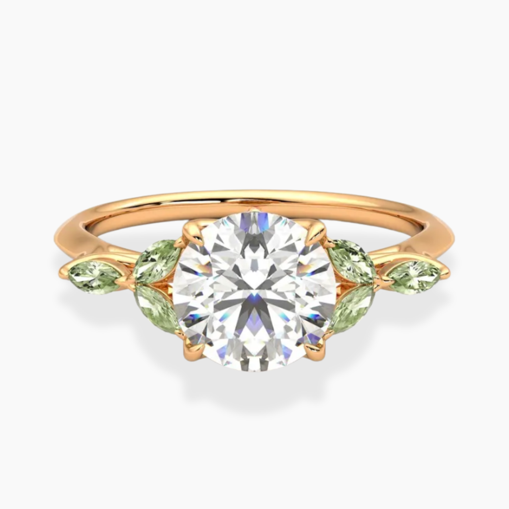 Lima Accents (Green Marquise Sides) Round Lab Grown Diamond Engagement Ring in 18K Gold