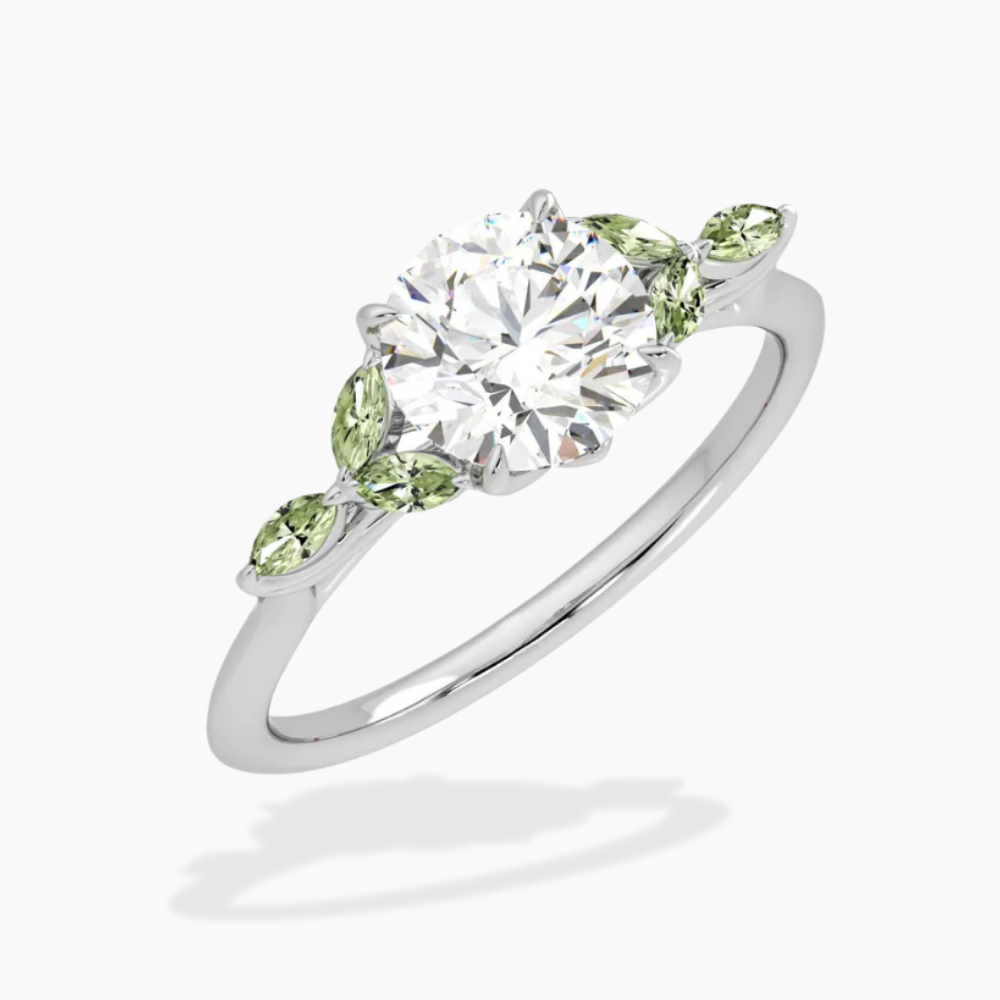 Lima Accents (Green Marquise Sides) Round Lab Grown Diamond Engagement Ring in 18K Gold