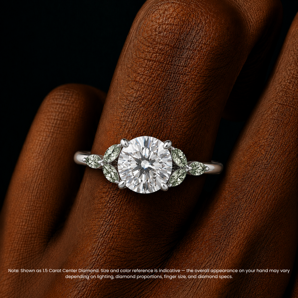 Lima Accents (Green Marquise Sides) Round Lab Grown Diamond Engagement Ring in 18K Gold