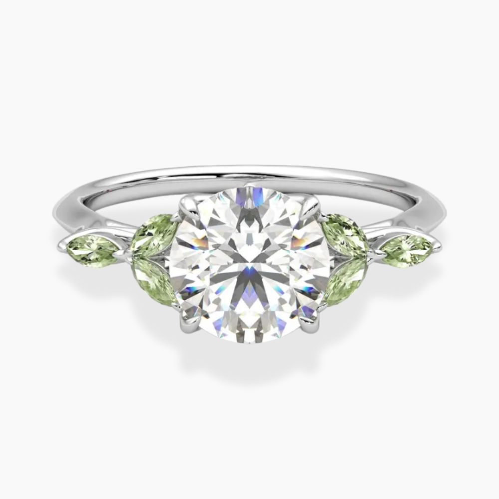 Lima Accents (Green Marquise Sides) Round Lab Grown Diamond Engagement Ring in 18K Gold