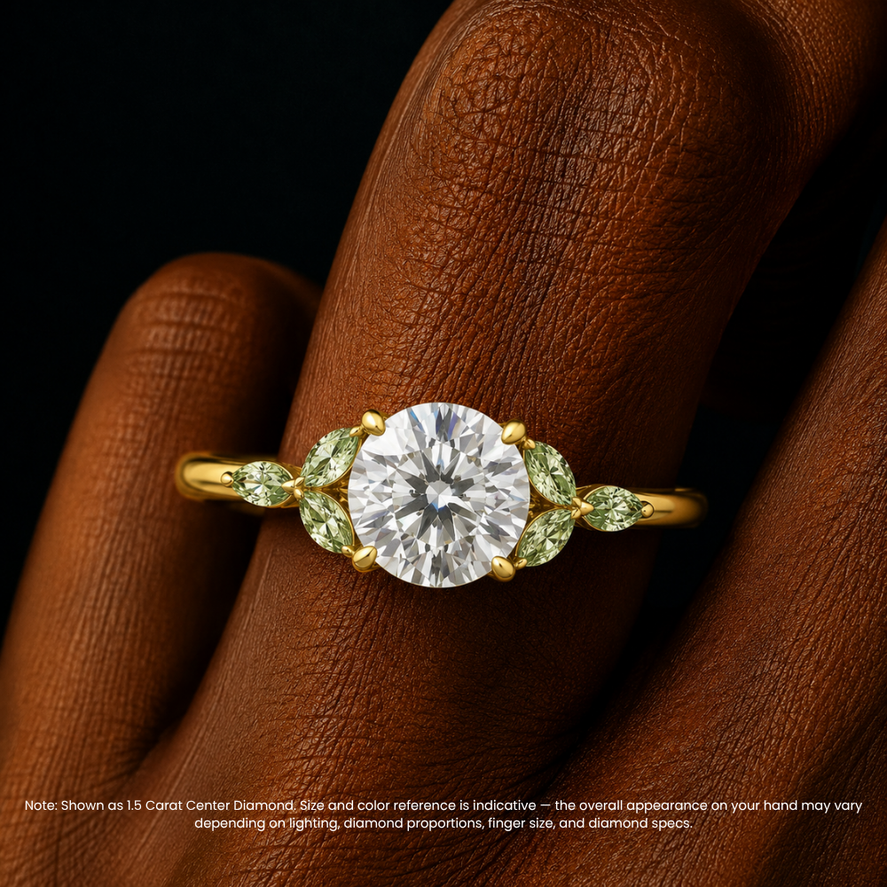 Lima Accents (Green Marquise Sides) Round Lab Grown Diamond Engagement Ring in 18K Gold