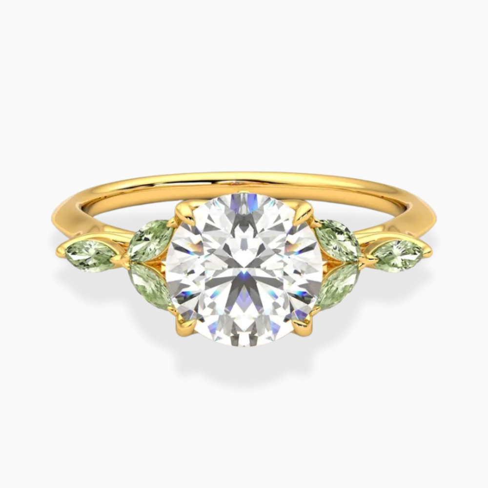 Lima Accents (Green Marquise Sides) Round Lab Grown Diamond Engagement Ring in 18K Gold