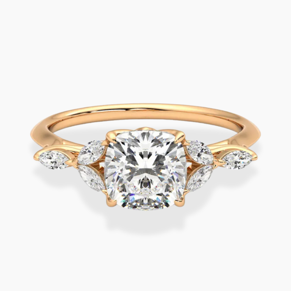 Lima Accents (Marquise Sides) Cushion Lab Grown Diamond Engagement Ring in 18K Gold