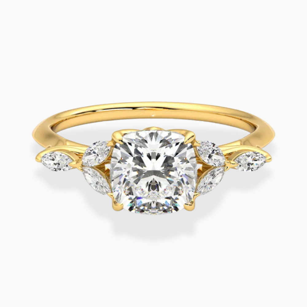 Lima Accents (Marquise Sides) Cushion Lab Grown Diamond Engagement Ring in 18K Gold