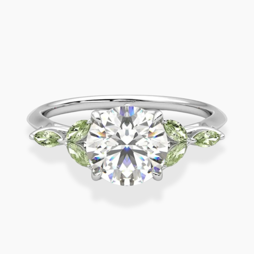Lima Accents (Green Marquise Sides) Round Lab Grown Diamond Engagement Ring in 18K Gold