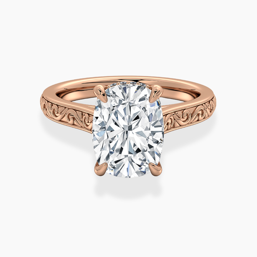 Melodica Engraved Cathedral Shank Hidden Halo Cushion Lab Grown Diamond Engagement Ring 18K Gold
