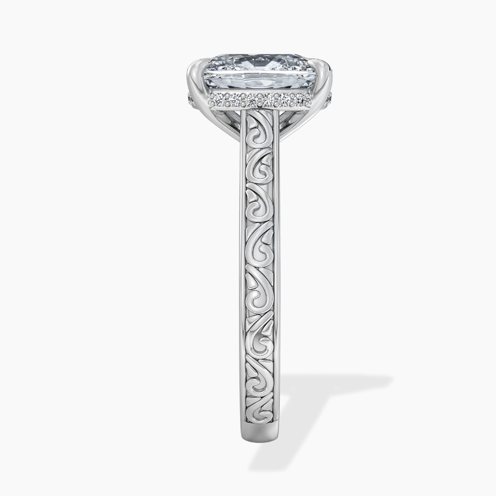 Melodica Engraved Cathedral Shank Hidden Halo Cushion Lab Grown Diamond Engagement Ring 18K Gold