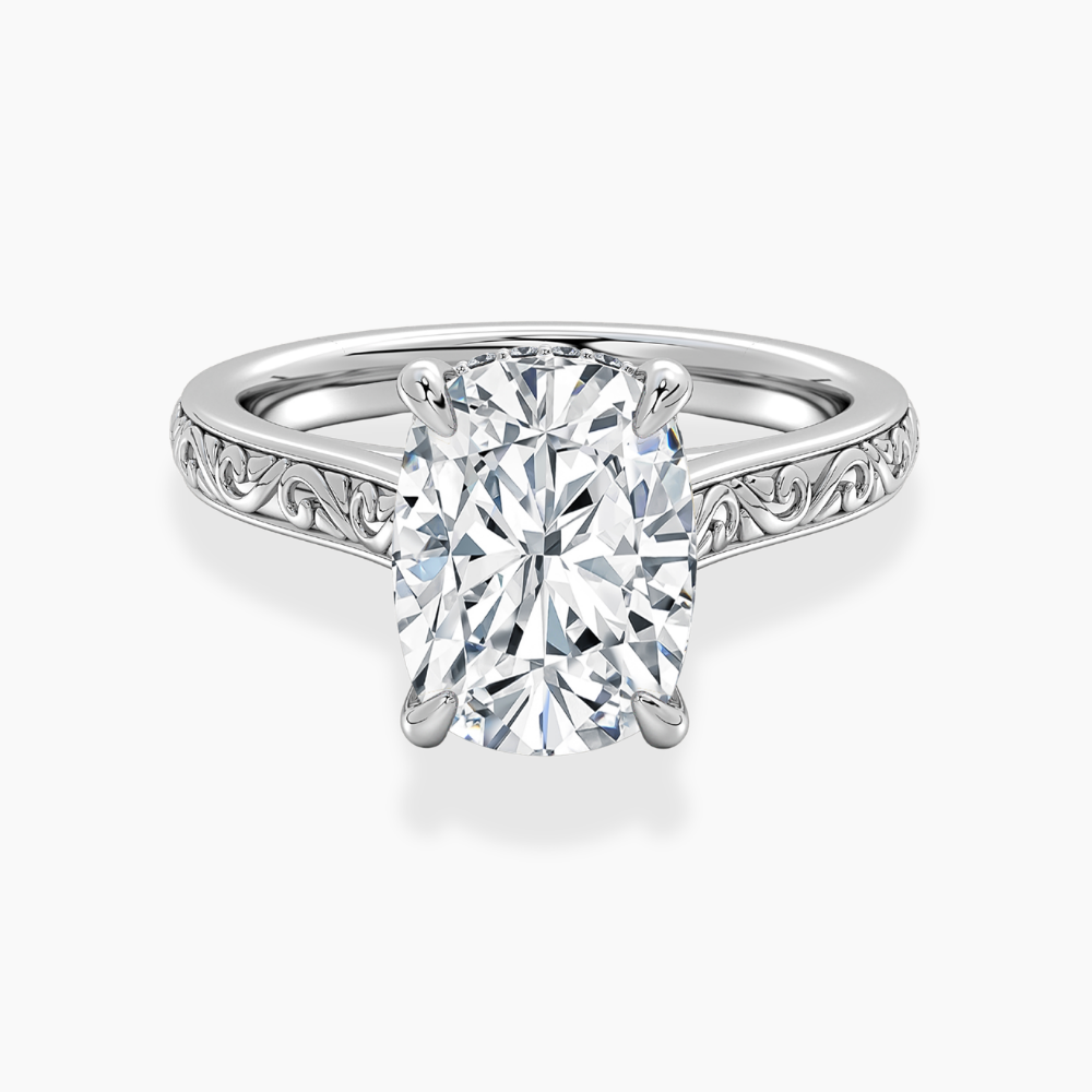 Melodica Engraved Cathedral Shank Hidden Halo Cushion Lab Grown Diamond Engagement Ring 18K Gold