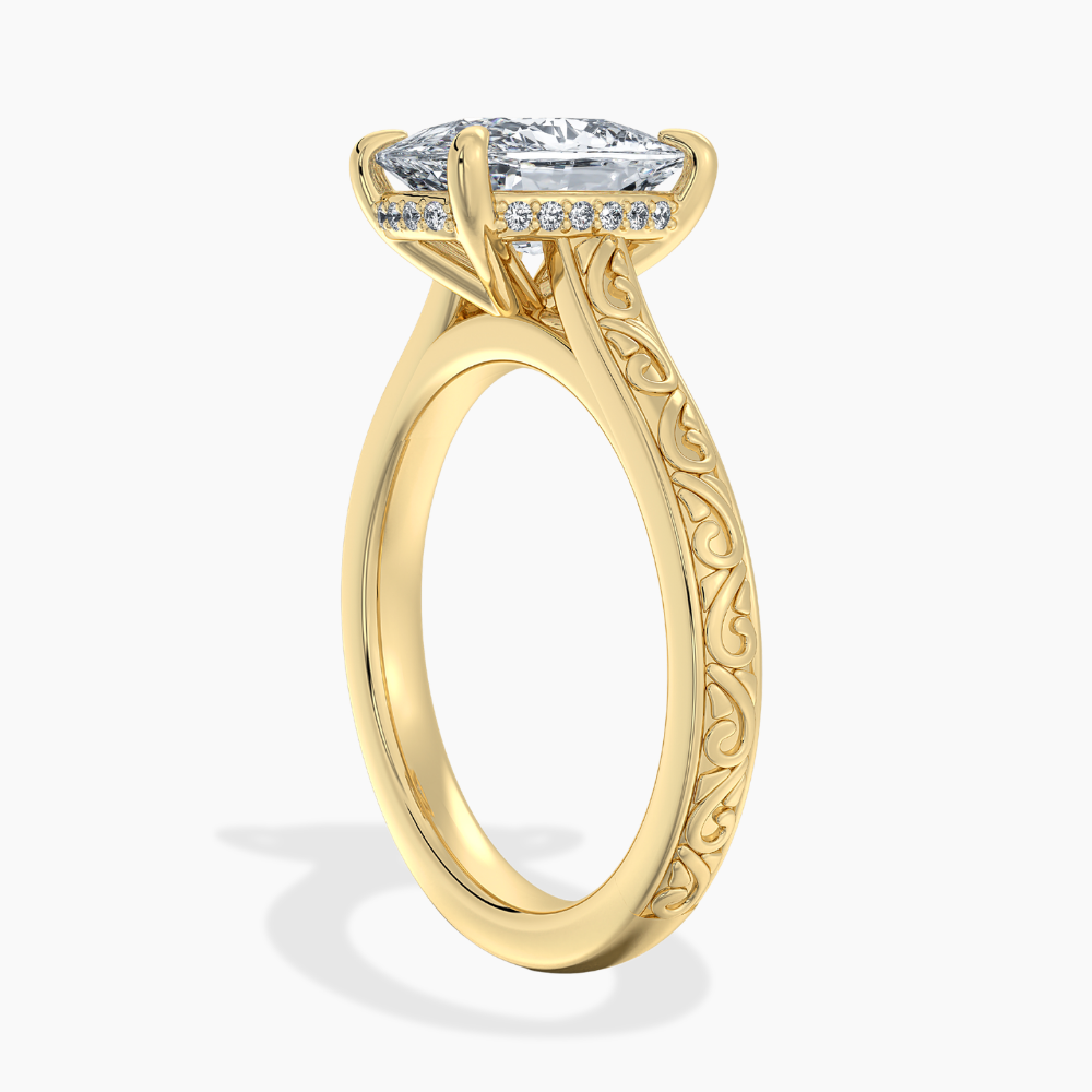 Melodica Engraved Cathedral Shank Hidden Halo Cushion Lab Grown Diamond Engagement Ring 18K Gold