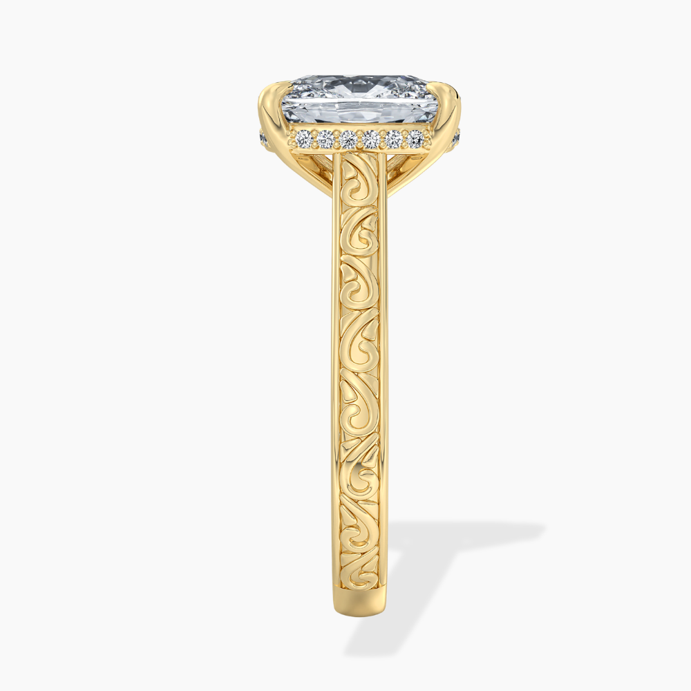 Melodica Engraved Cathedral Shank Hidden Halo Cushion Lab Grown Diamond Engagement Ring 18K Gold