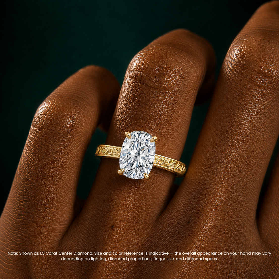 Melodica Engraved Cathedral Shank Hidden Halo Cushion Lab Grown Diamond Engagement Ring 18K Gold