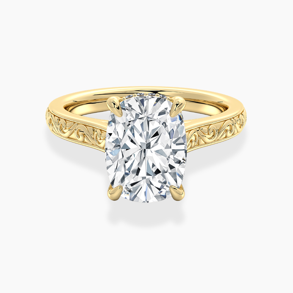 Melodica Engraved Cathedral Shank Hidden Halo Cushion Lab Grown Diamond Engagement Ring 18K Gold