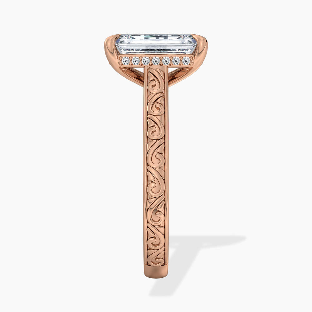 Melodica Engraved Cathedral Shank Hidden Halo Emerald Lab Grown Diamond Engagement Ring 18K Gold