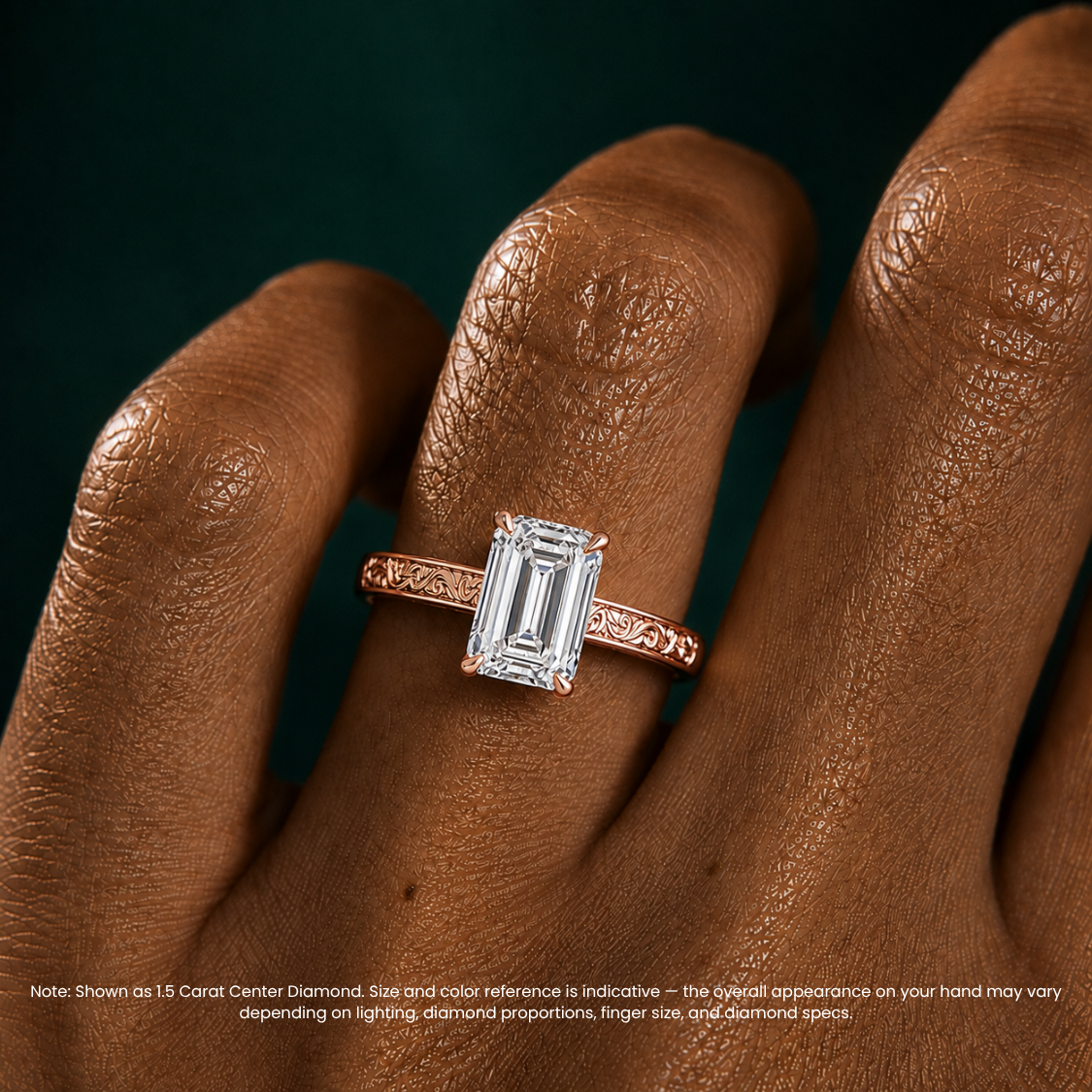 Melodica Engraved Cathedral Shank Hidden Halo Emerald Lab Grown Diamond Engagement Ring 18K Gold