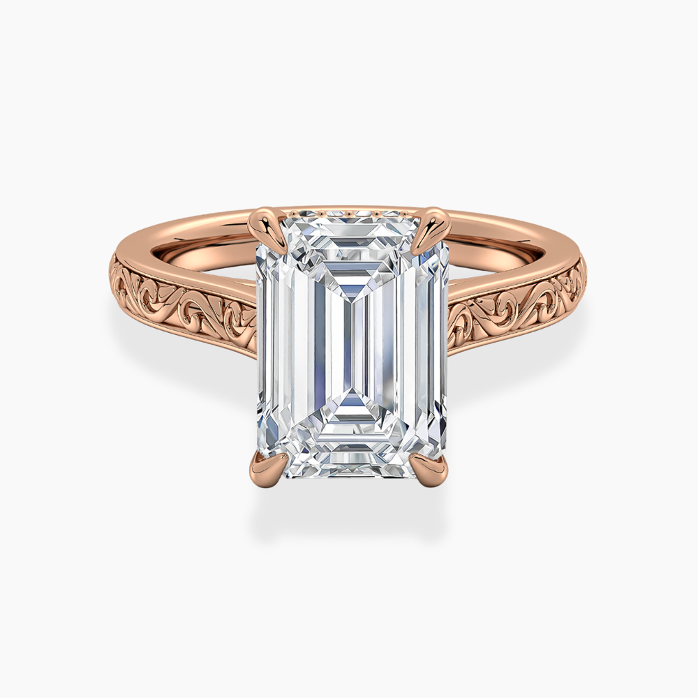 Melodica Engraved Cathedral Shank Hidden Halo Emerald Lab Grown Diamond Engagement Ring 18K Gold