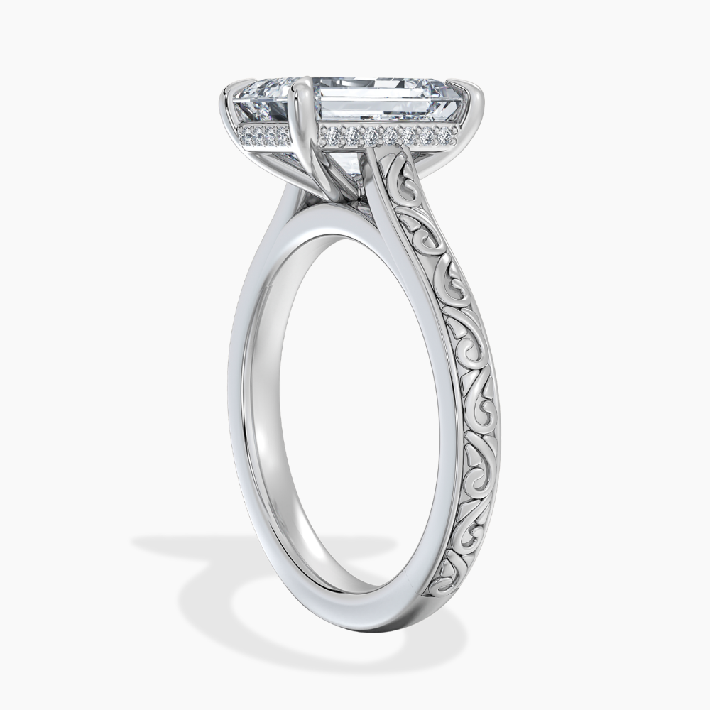 Melodica Engraved Cathedral Shank Hidden Halo Emerald Lab Grown Diamond Engagement Ring 18K Gold