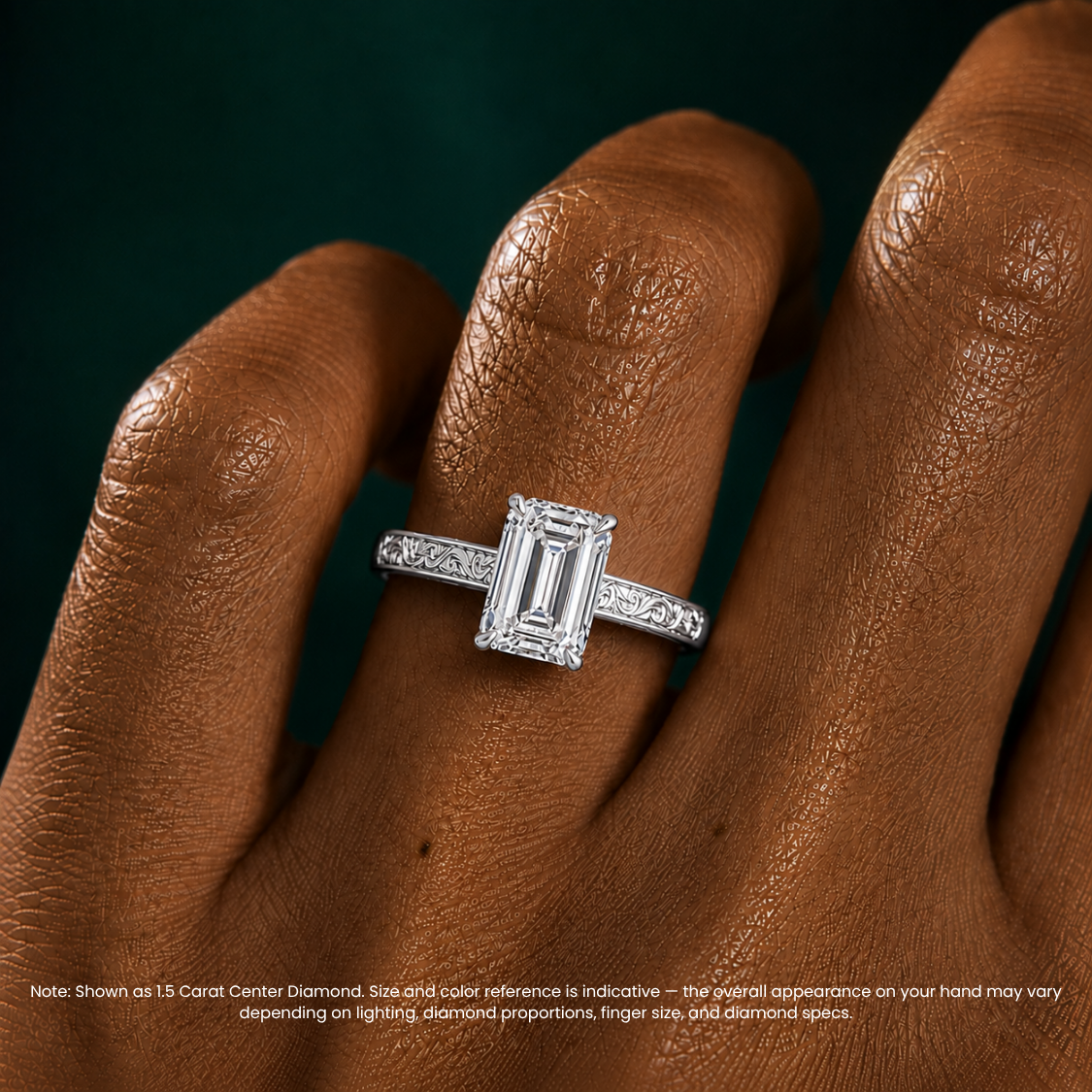 Melodica Engraved Cathedral Shank Hidden Halo Emerald Lab Grown Diamond Engagement Ring 18K Gold