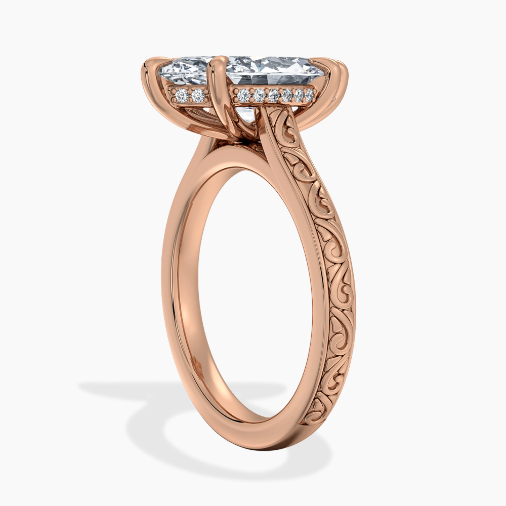 Melodica Engraved Cathedral Shank Hidden Halo Marquise Lab Grown Diamond Engagement Ring 18K Gold