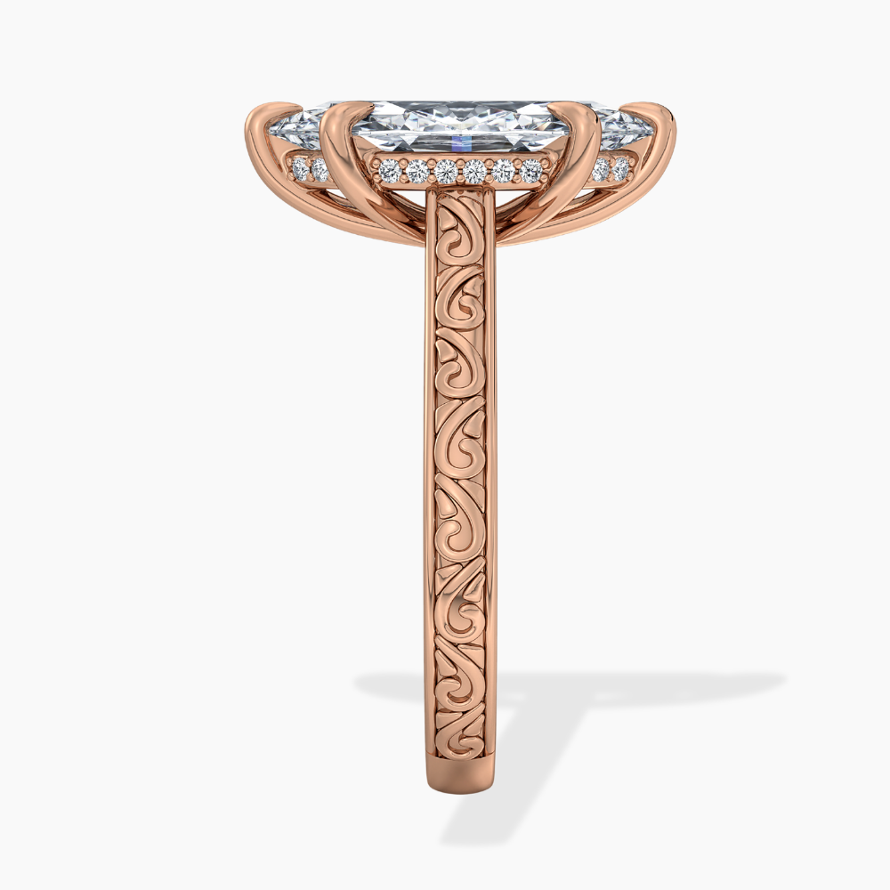 Melodica Engraved Cathedral Shank Hidden Halo Marquise Lab Grown Diamond Engagement Ring 18K Gold