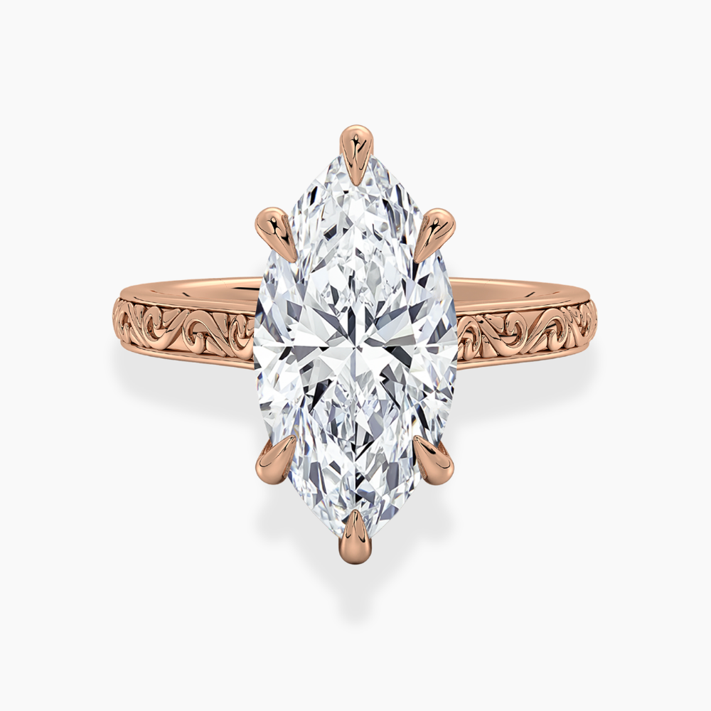 Melodica Engraved Cathedral Shank Hidden Halo Marquise Lab Grown Diamond Engagement Ring 18K Gold