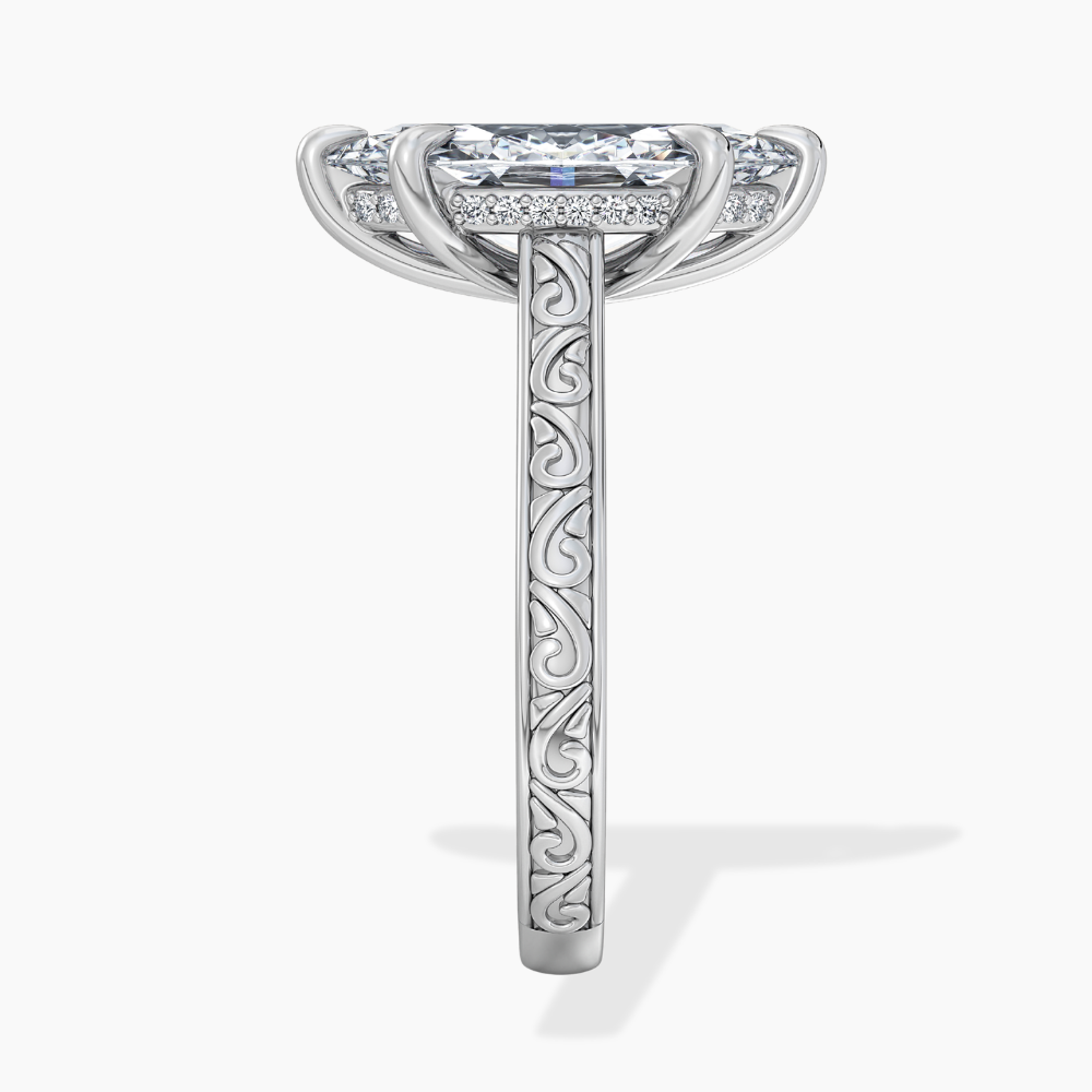Melodica Engraved Cathedral Shank Hidden Halo Marquise Lab Grown Diamond Engagement Ring 18K Gold